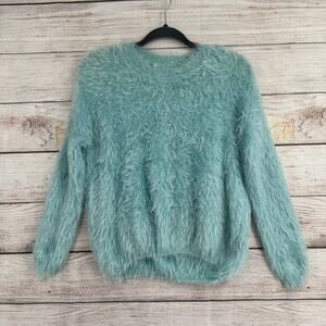 Raga Faux Fur Crewneck Sweater Womens XS Mint Blue Stretch NEW